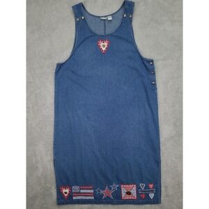Vintage Sun River Blue Denim Dress Sz 1X Embroidered USA‎ Theme Flags Stars